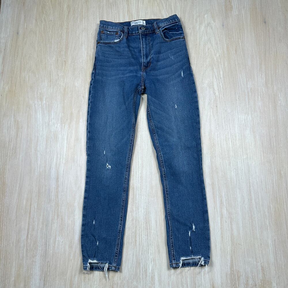 Abercrombie & Fitch High Rise Skinny Jeans Distressed Blue Denim Raw Hem 26